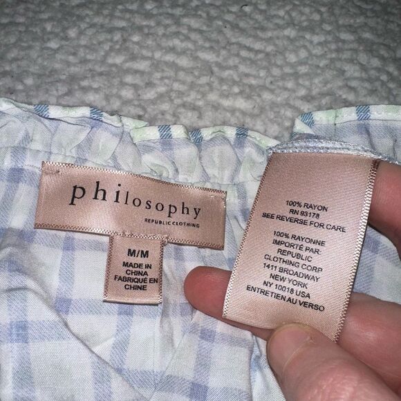 Philosophy Button Down Ruffle Sleeve White Blue Green Plaid Blouse Medium EUC - Picture 7 of 12